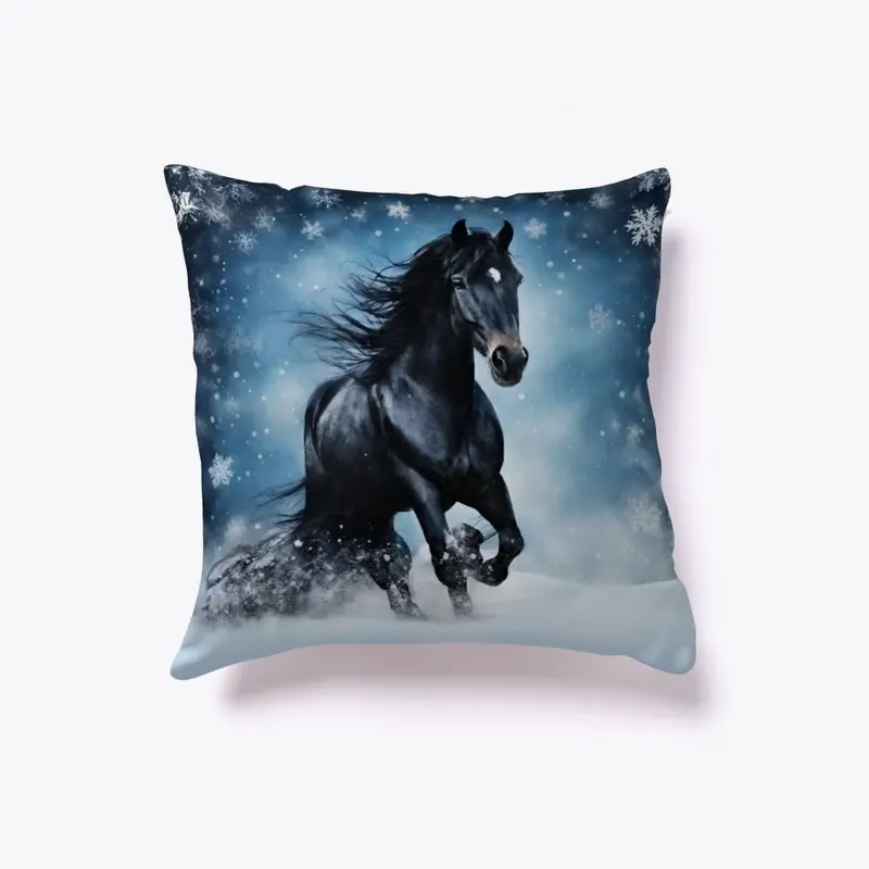 Blue Winter Horse Pillow